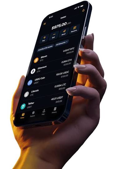 CoinFlip Crypto Wallet app showing a multi-asset balance on a smartphone