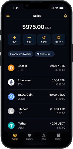 CoinFlip Wallet interface displaying Bitcoin, Ethereum, USDC, Litecoin and Tether balances