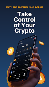 CoinFlip Wallet app promo highlighting easy self-custodial crypto with 24/7 support